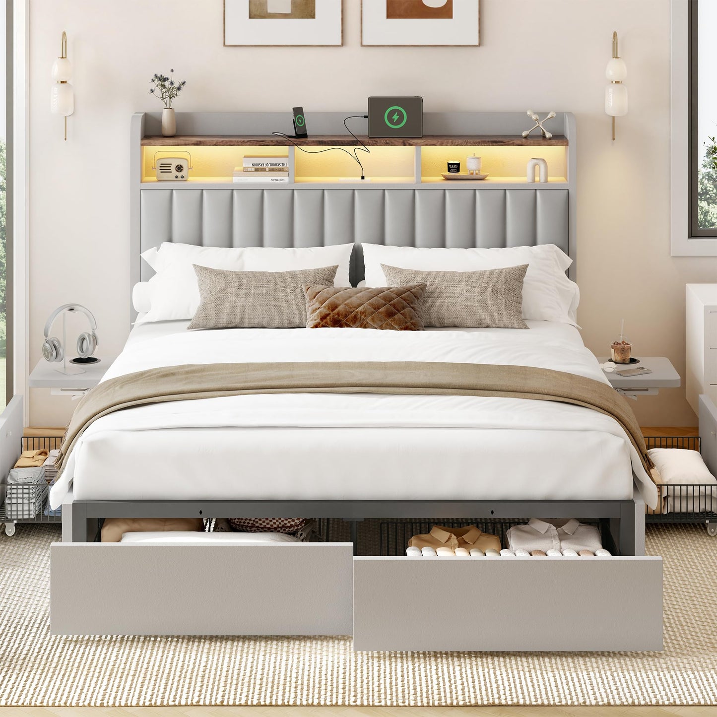 BRELTAM King Bed Frame with Headboard,4 Storage Drawers,and Built-in Adjustable Desk,Charging Station,Easy Assembly,No Box Spring Needed,Light Grey