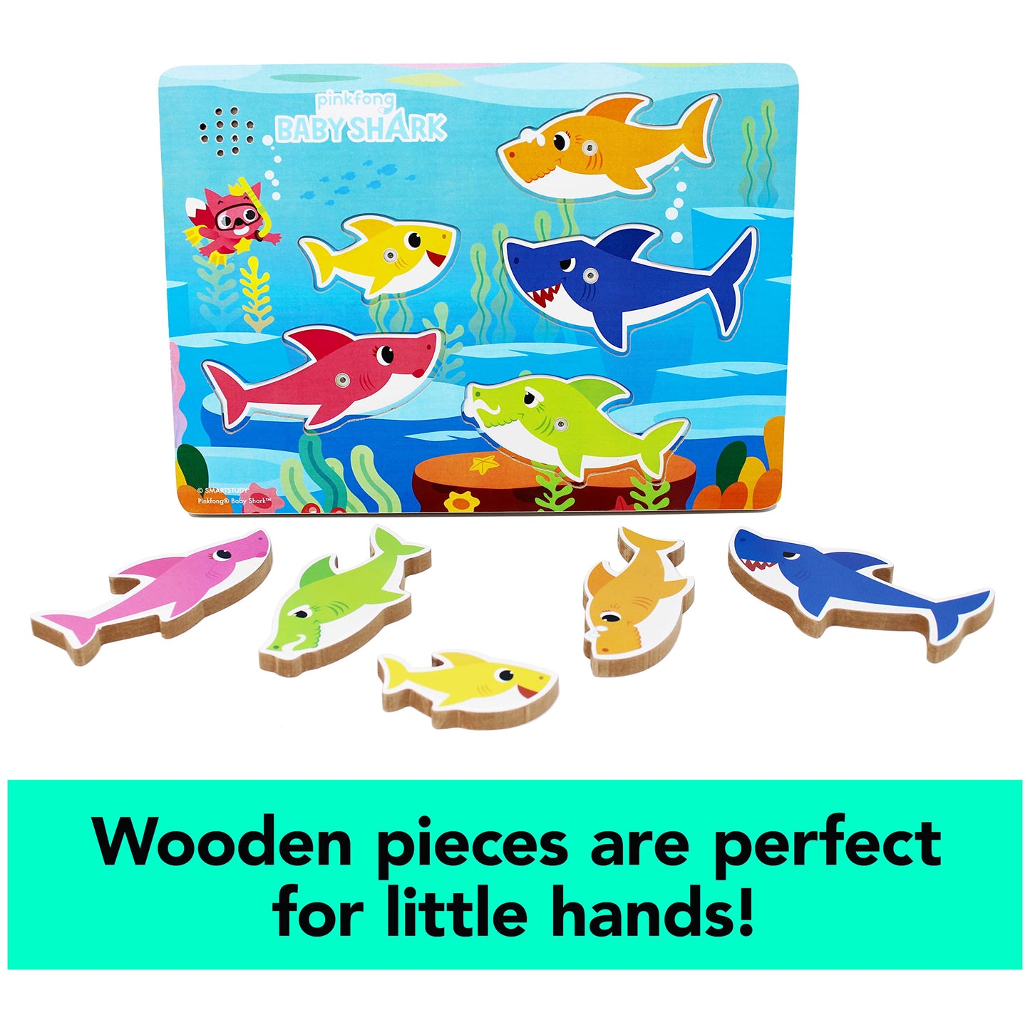 Spin Master Games, Pinkfong Baby Shark Musical Wooden Sound Puzzle, Plays Viral Song, 5 Pieces, Toddler Toys, for Ages 2 & Up
