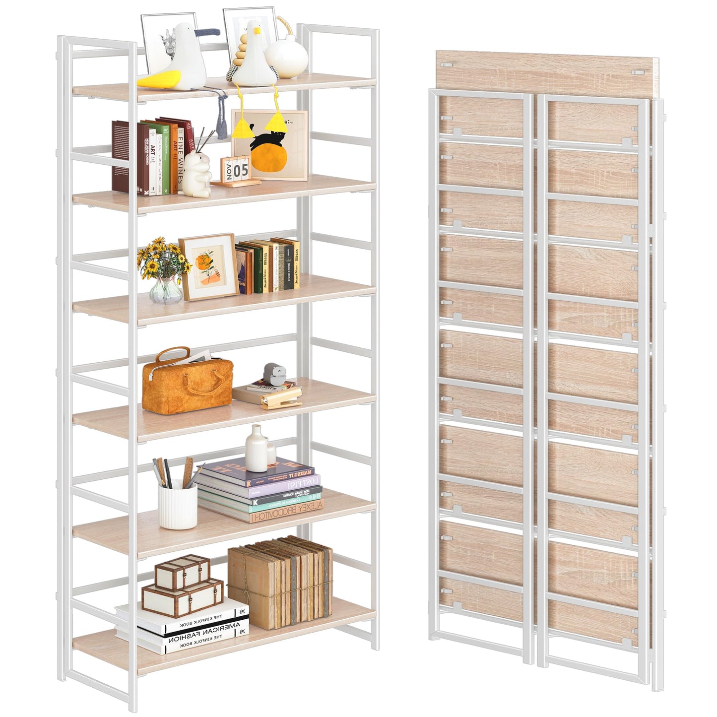 4NM No Assembly 6 Tiers Collapsible Book Shelves, 61.8" H Folding Bookshelf Bookcase Open Industrial Foldable Shelves for Bedroom, Living Room, Home Office - Natural White