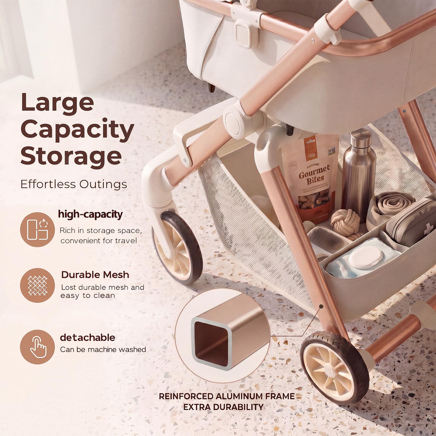 EPPMagice All-Terrain Pet Stroller for Small Medium Dogs & Cats, 20 lbs Capacity - Portable Carrier with One-Touch Brake, Lightweight Foldable Design & Shock Absorption Wheels,Beige