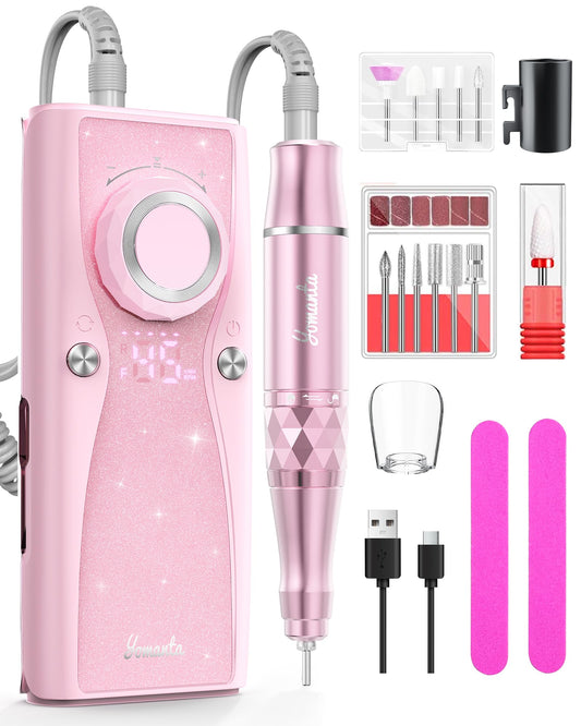 Electric Nail Drill Professional Kit: 45,000 RPM USB Rechargeable Efile Nail Drill Nail File with 12 Bits for Polishing Gel/Acrylic Nails- Portable Manicure Tool Set for Salon/Home-Pink