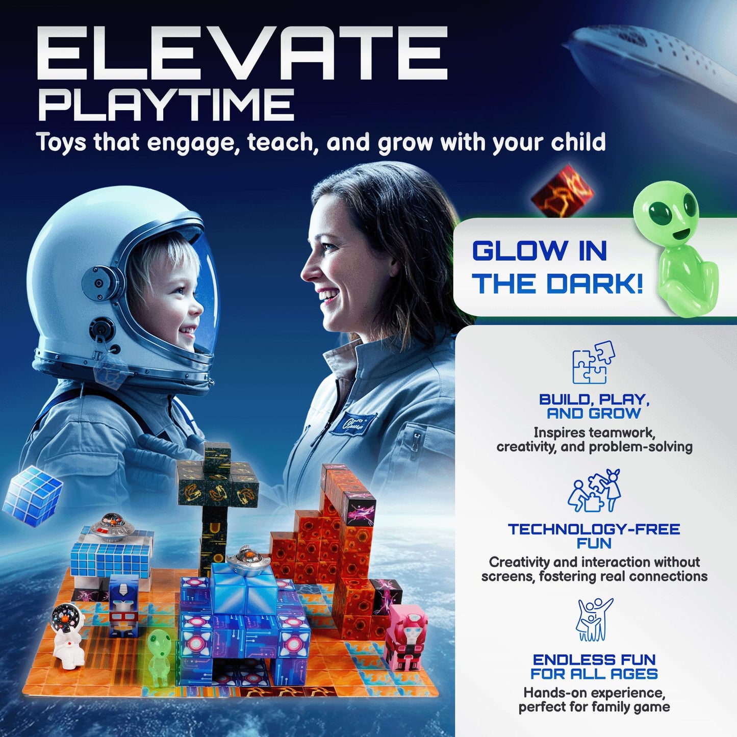 PLAYIQ 181-Piece Magnetic Building Blocks Set – STEM Toys for Kids Ages 3+ | Educational Space-Themed Magnetic Construction Kit with LED Light-Up Cubes | Sensory Gift Toy for Boys & Girls