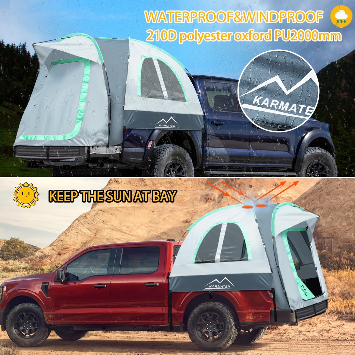 Pickup Truck Tent, Waterproof PU2000mm for Camping 5.5-6 Ft Bed,2-Person Sleeping with Double Layer Design Windows, Portable Overland Tent Expandable Triangle Sunshade Awning