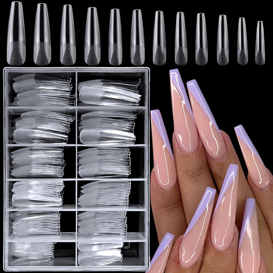 LoveOurHome 240pc XXL Coffin Nail Tips Clear Fake Nails Extra Long Press on Nails Coffin Acrylic Nail Full Cover Ballerina Artificial Fingernail Soft Gel False Nails 12 Sizes for Gel Nail Extension