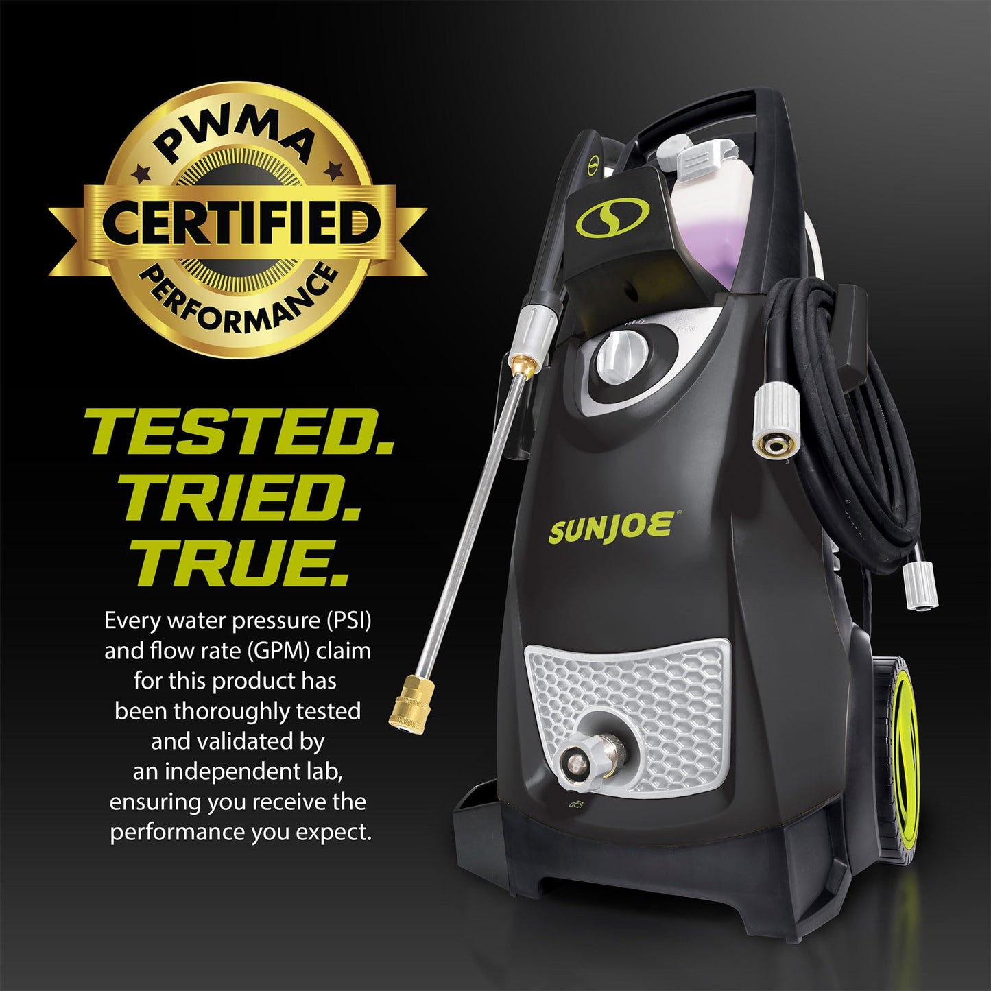 Sun Joe Electric Pressure Power Washer, Heavy-Duty 2500 Max PSI (2030 PSI PWMA Rated), Cleaning Machine for Patios, Decks, & Sidewalks, Safety First GFCI Power Cord, w/Dual Soap Tanks, SPX3000