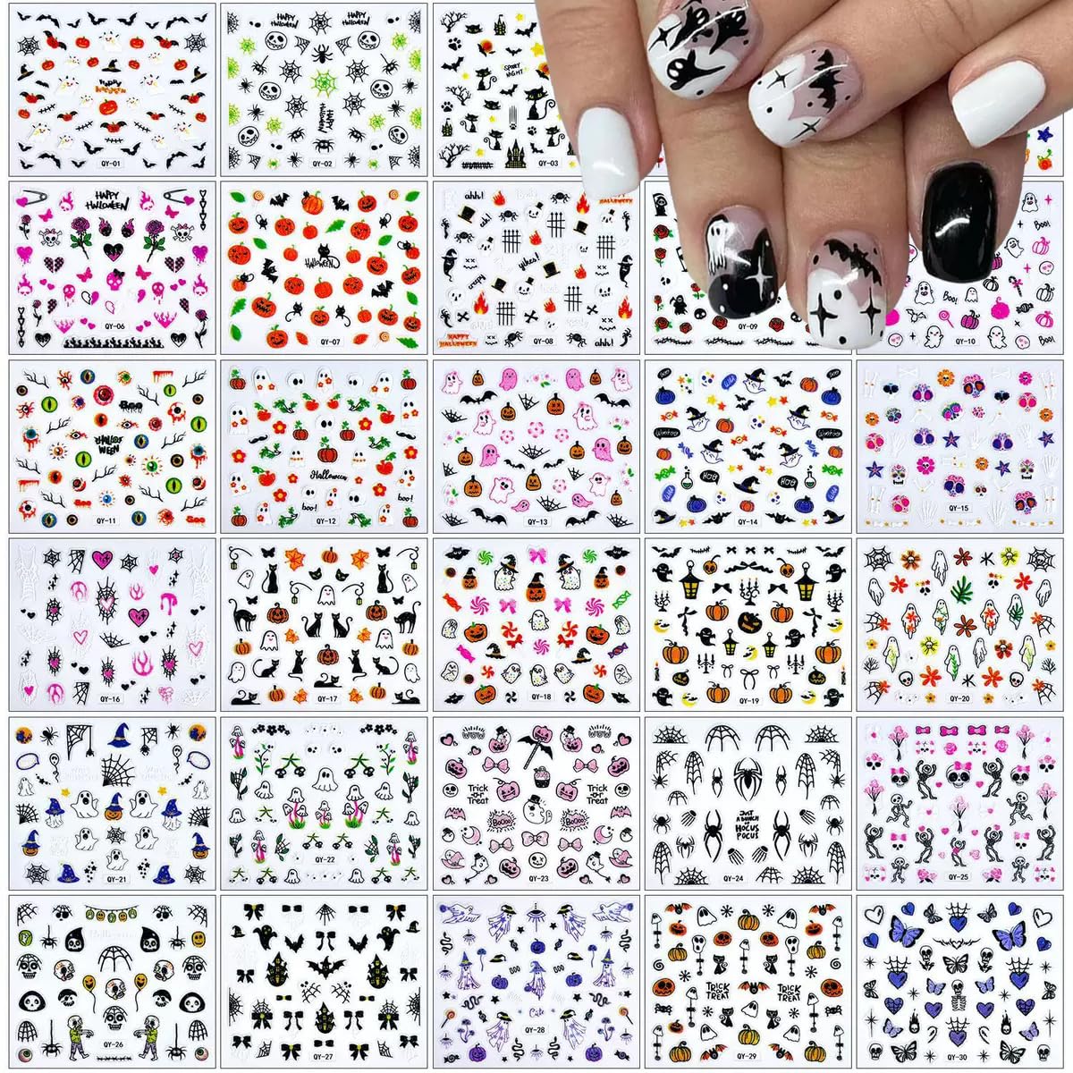 30 Sheets Halloween Nail Art Stickers Cute Ghost Pumpkin 3D Self-Adhesive Nail Decals Bat Cat Skull Designs Nail Decorations Halloween DIY Manicure Supplies for Women Girls&Kids