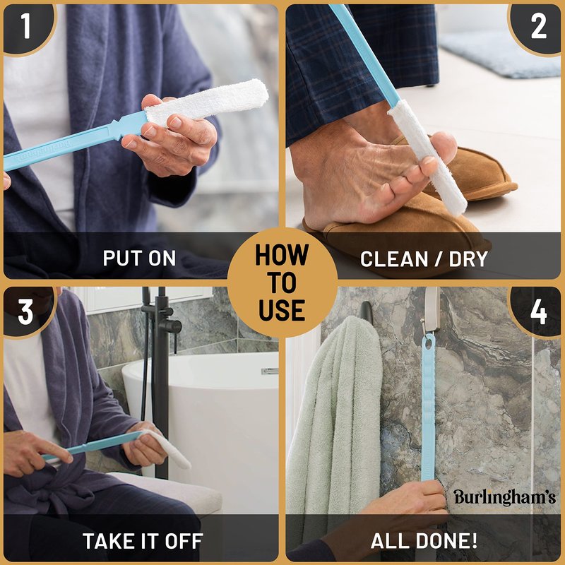 Burlingham's Toe and Foot Towel Brush, Reusable Drying Covers for Long 17” Handle for Cleaning Between Toes, Soft Skin Exfoliation,for Seniors, Adults, Kids (Toe Towel 6 Covers only)