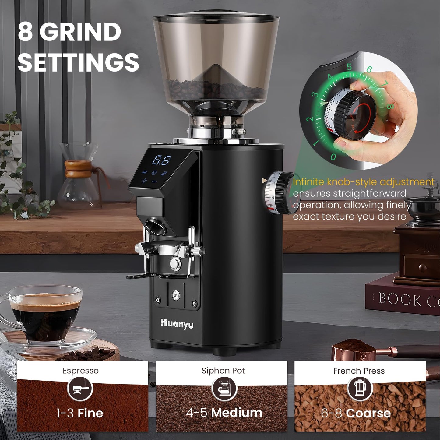 Huanyu Commercial Coffee Grinder - Touchscreen Control, 8 Grind Settings, 64mm Flat Burr, Dual Dosing Modes for Coffee Shops