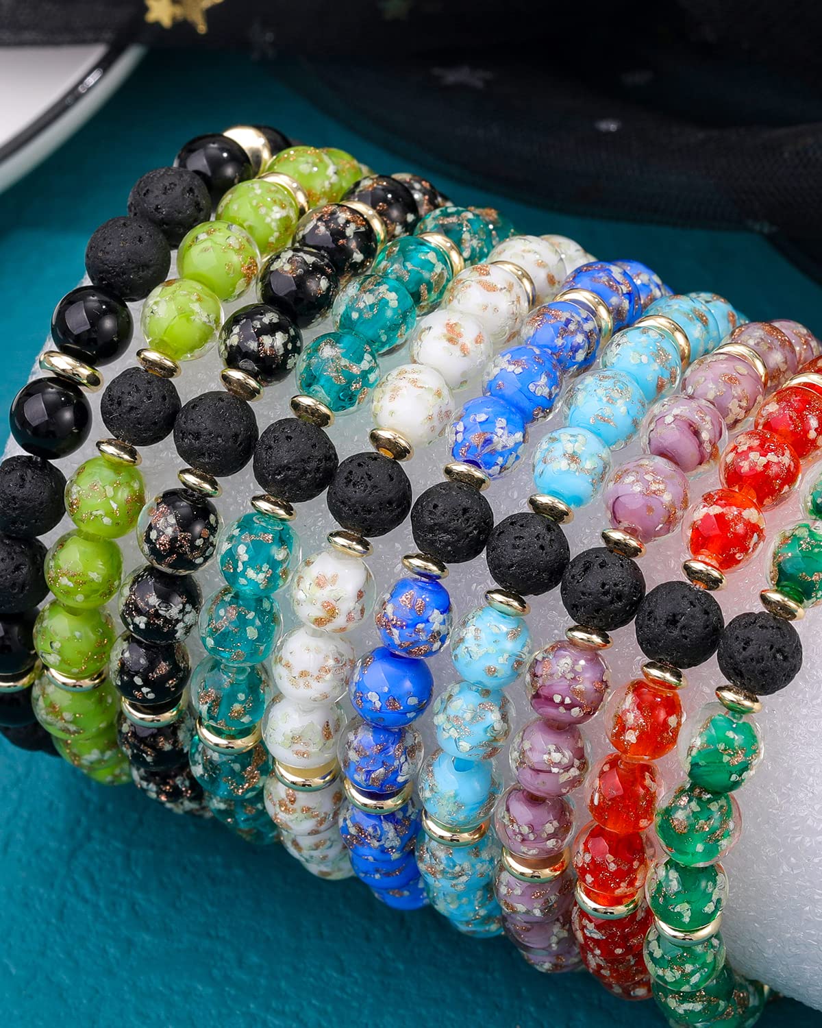 Nifsun 7 Chakra Bracelet Real Crystal Stone Beads Essential Oil Set Yoga Meditation Protection Lava Rock Jewelry Gifts for Women Men (7 Chakra red)