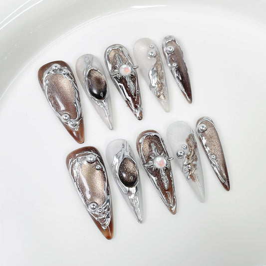 Handmade Long Press on Nails - Brown Cat's Eye Full Cover Fake Nails Glossy Almond False Nails with Embossed Swirl Design Acrylic Nails P ress ons Luxury Stick on Nail for Women 10Pcs(Size M)