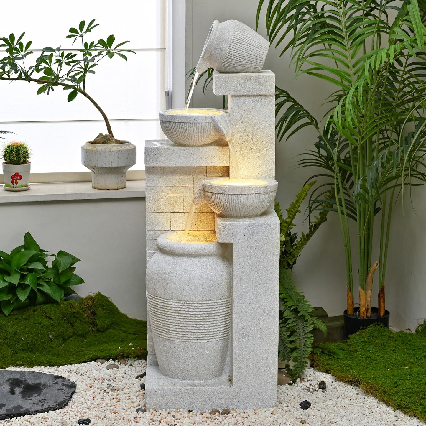 42.52" Outdoor Garden Water Fountain with Lights 4 Tiers Cascading Large Waterfall Floor Standing Fountain for Patio, Backyard, Deck, Porch and Home Art Decor