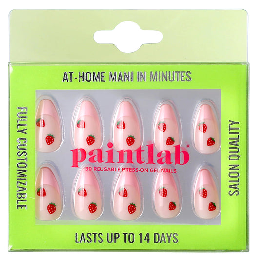 PaintLab Press On Nails - Pink Strawberry Short Almond Fake Nails, 30 Nails in 15 Sizes with Glue, Reusable Salon Quality Press On Nails