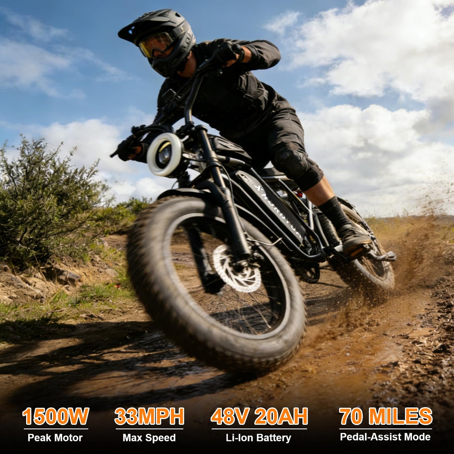 XHURDYUA Electric Bike for Adults,1500W Peak Motor&33MPH Electric Dirt Bike，48V 20AH Battery, 70Max Miles,Dual Suspension Ebikes for Adults, 20" Fat Tire E Bike（Black）