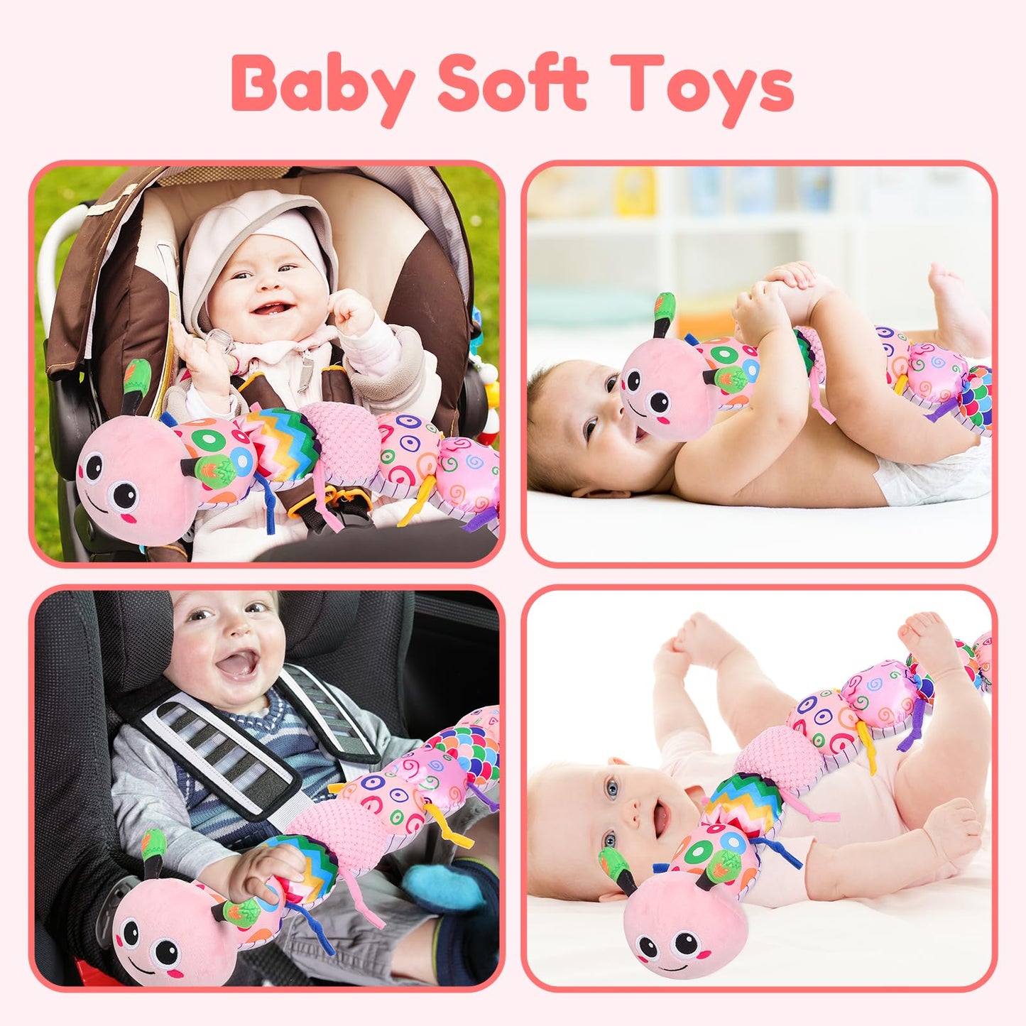 Baby Girl Toys 0-6 Months - Tummy Time Gifts Stuffed Sensory Caterpillar Toys for 0-3 3-6 6-9 6-12 Months Newborn Infant Rattles Crinkle Textures Soft Plush 3 4 5 6 7 8 9 10 Months Boys Girls Present