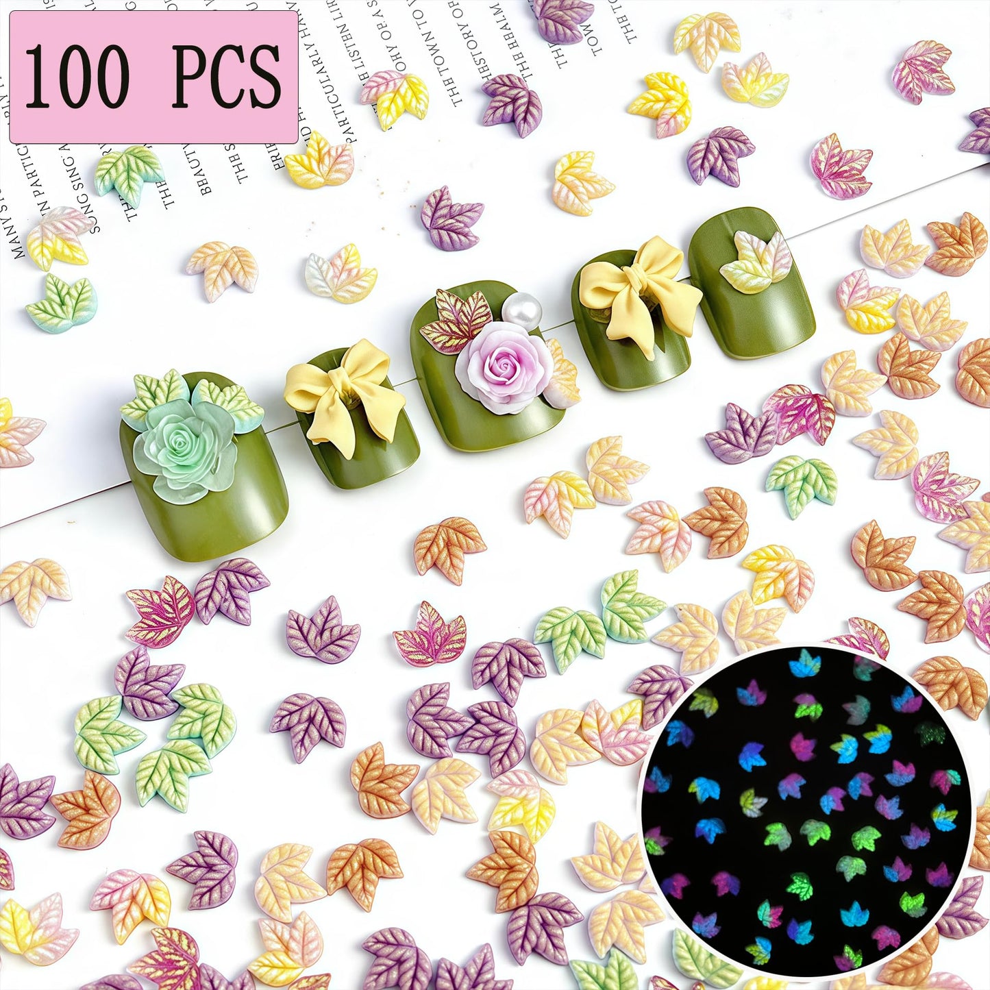100 Pcs Luminous Fall Nail Art Charms Mixed Color Resin Maple Leaves Nail Charms 3D with Night Light Fall Leaves Designs Nail Accessories Autumn Charms for Acrylic Nails DIY Thanksgiving Nail Supplies