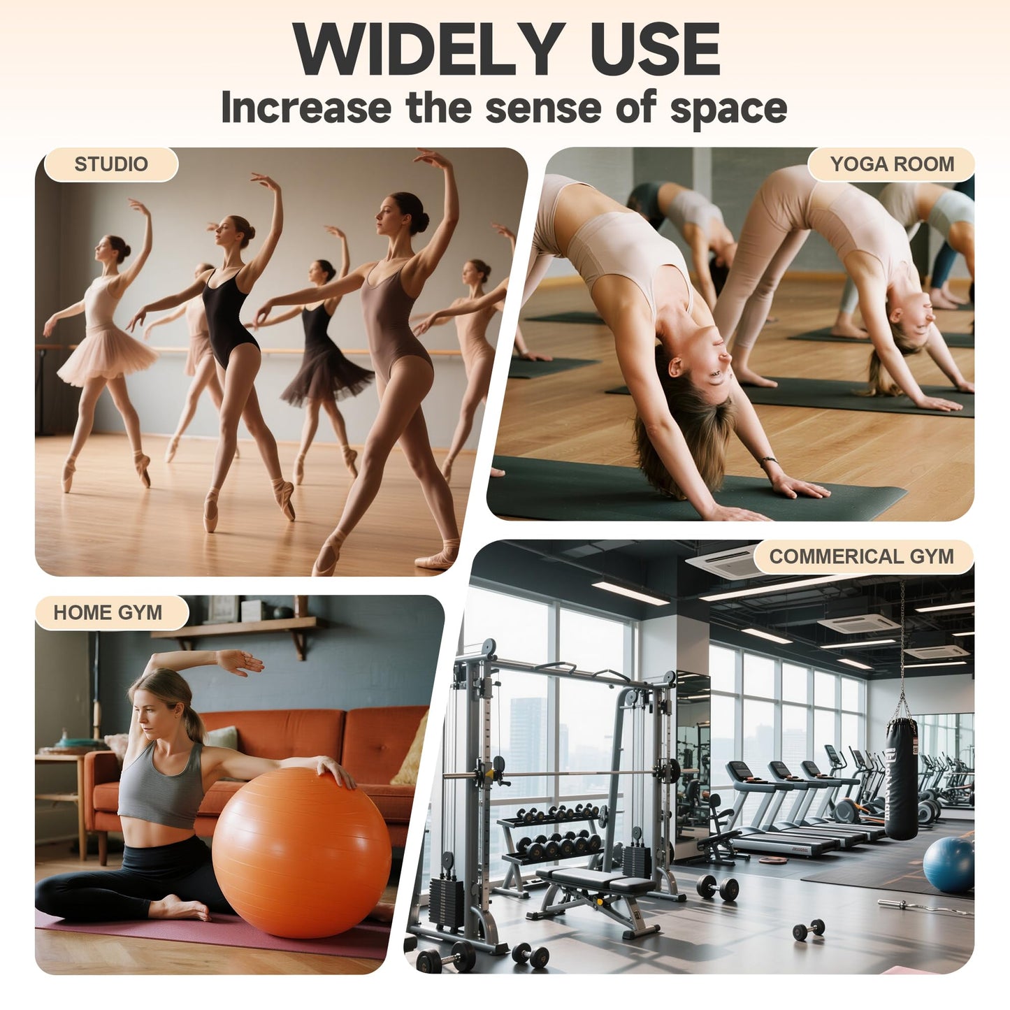 Hasipu 3Pcs 48''x24'' Home Gym Mirror Large Full Length Wall Mounted Full Body Mirror for Yoga Dance Fitness Exercise Studio Bedroom Garage, Frameless Tempered Glass Workout Mirrors Walnut Rectangular