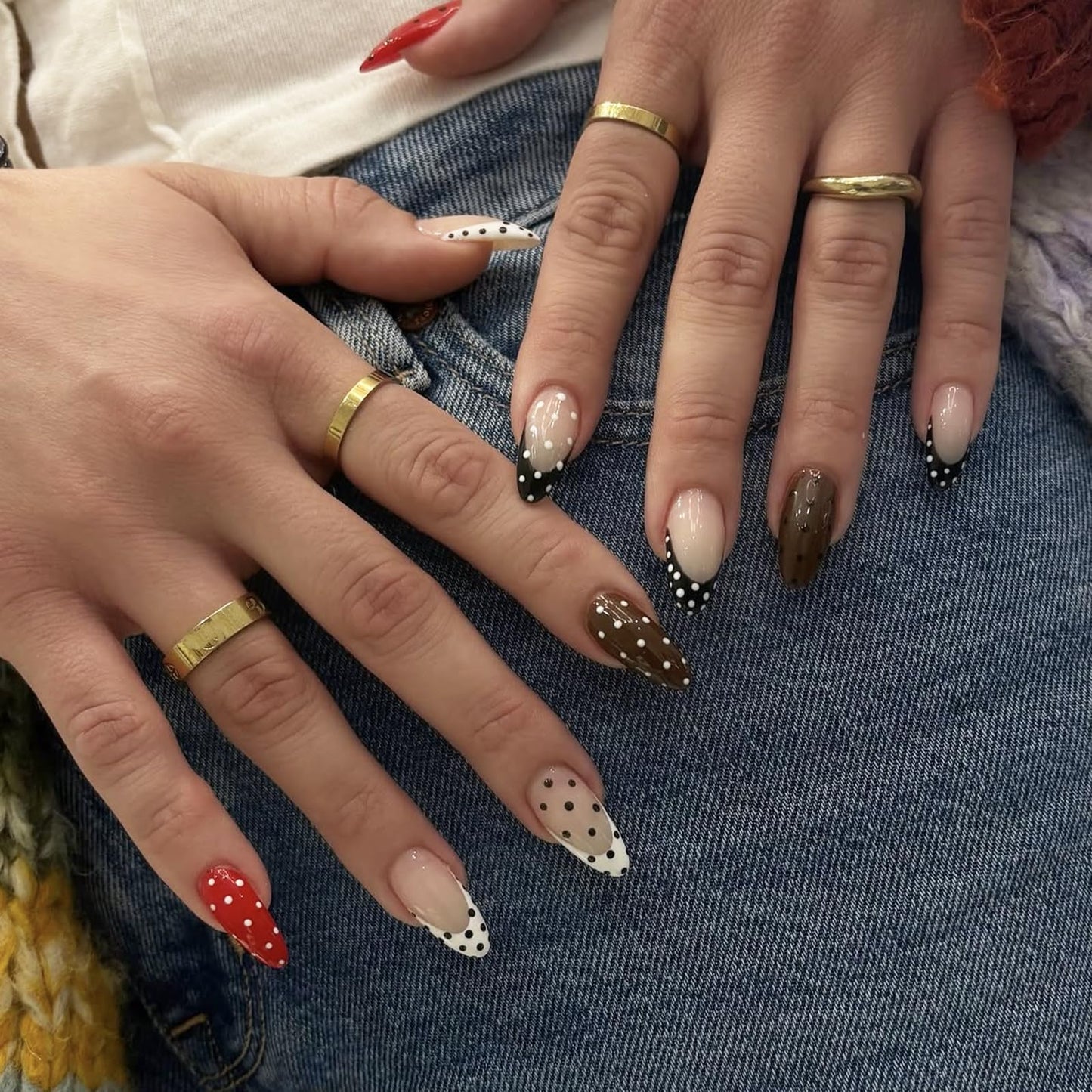IMSOHOT Polka Dot Press on Nails Almond Medium Fake Nails Red Black French Tip False Nails Full Cover Y2K DIY Artificial Glossy Glue on Nails for Women Girls 24Pcs