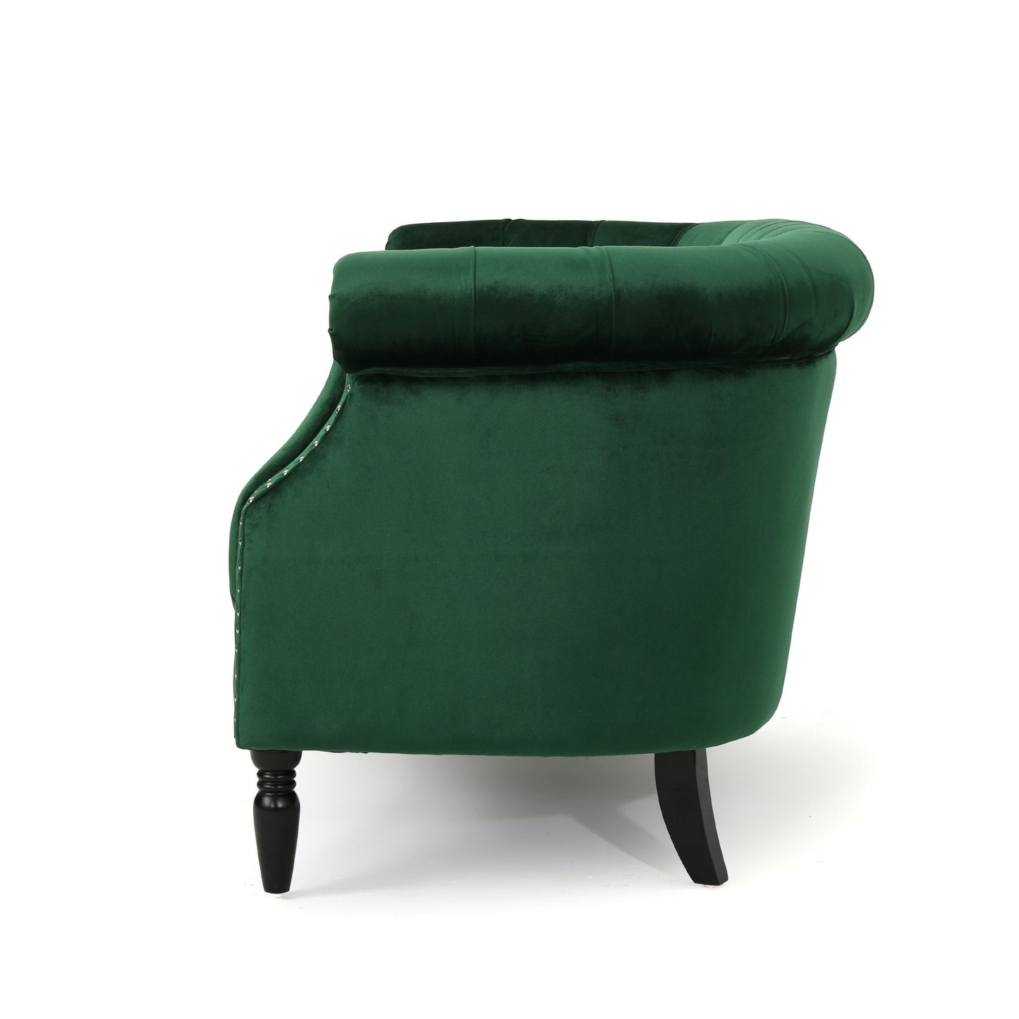 GDFStudio Melaina Tufted Chesterfield Velvet Loveseat with Scrolled Arms, Emerald and Dark Brown.