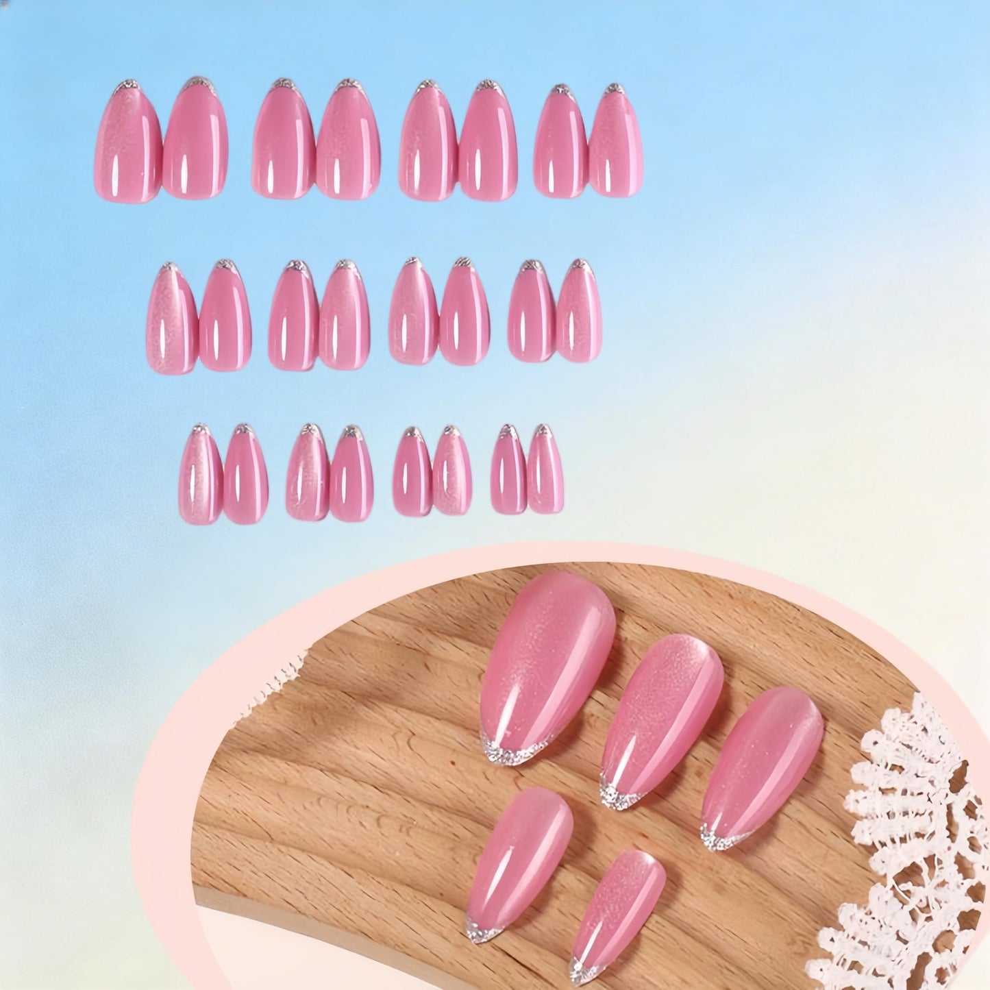 Baby Pink Cat Eye Press On Nails Short Almond Shaped - Glitter French Tip Fake Nails Press ons Natural Glue on Nails Stiletto Opaque Bling False Nails for Women No Glue, 24 Pcs