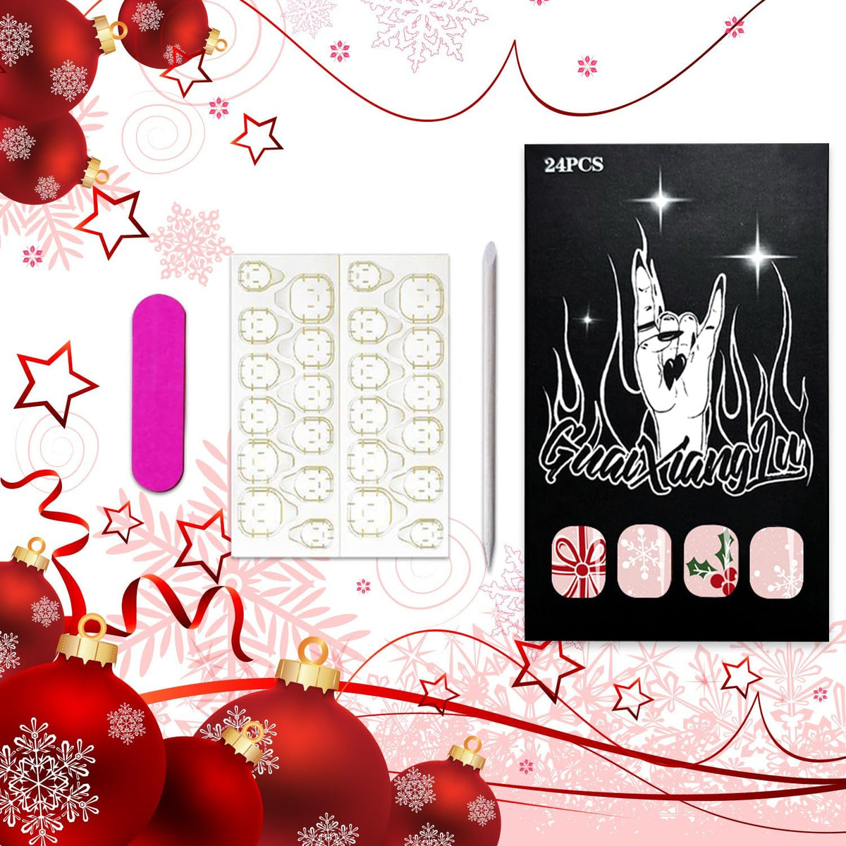Christmas Press on Nails Winter Snowflake Fake Nails Short Square Xmas False Nail Glossy Reusable Artificial Stick on Nail for Women DIY Manicure 24 Pcs