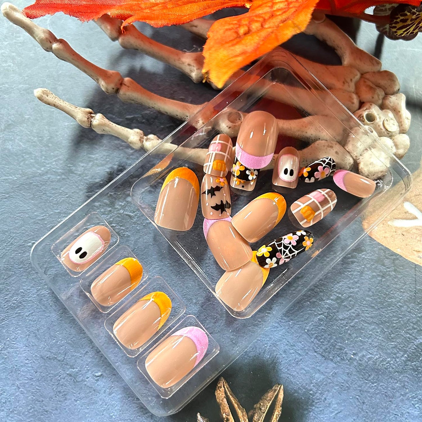 CJDLTS Halloween Press on Nails Short Almond Cute Ghost False Nail Acrylic Artificial Fingernails Flowers Bat Design Full Cover Glossy Festival French Stick on Nails for Women Supplies 24Pcs