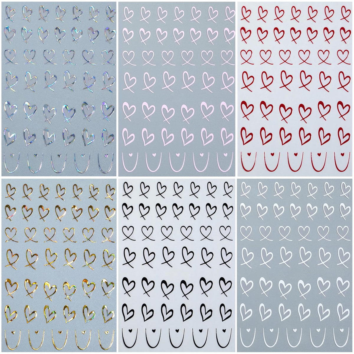 6Pcs Heart Nail Stickers for Nail Art Love Hearts Nail Decals Hollow Love 3D Nail Art French Sticker Self-Adhesive Slider Kawaii Heart-Shaped Manicure Decals Nail Tip for Women Valentine Gift