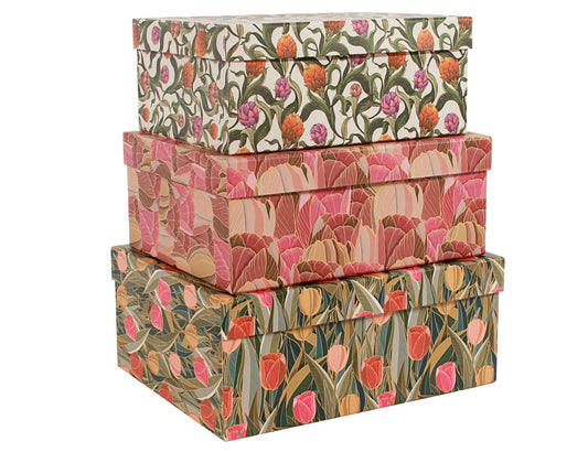 MIZFRUZZY 3-Piece Decorative Storage Boxes with Lids, Tulip Design, Vintage Floral, Cardboard Paperboard Keepsake box Set, Photo Storage Box for Memory, Home Decor, Modern Decoration Organizer