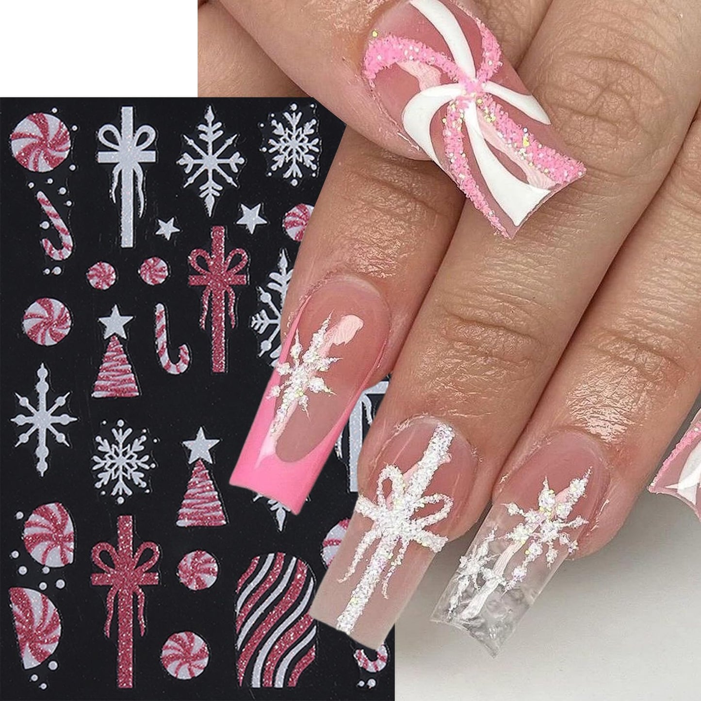 8 Sheets Red Christmas Nail Art Stickers Pink White Red Glitter Snowflake Nail Decals 3D Self-Adhesive Xmas Tree Winter Nail Design Gift Box Bow Nail Supplies Winter New Year Nail Decor for Women
