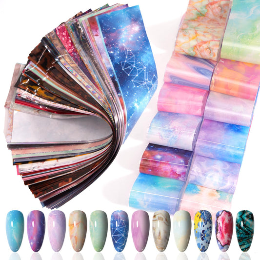 DANNEASY 300 Sheets Holographic Nail Foils Film, Iridescent Nail Art Transfer Foil Stickers Marble Leopard Print Foil Paper Sheets Starry Sky Star Design Sticker for Nails Decoration Supplies