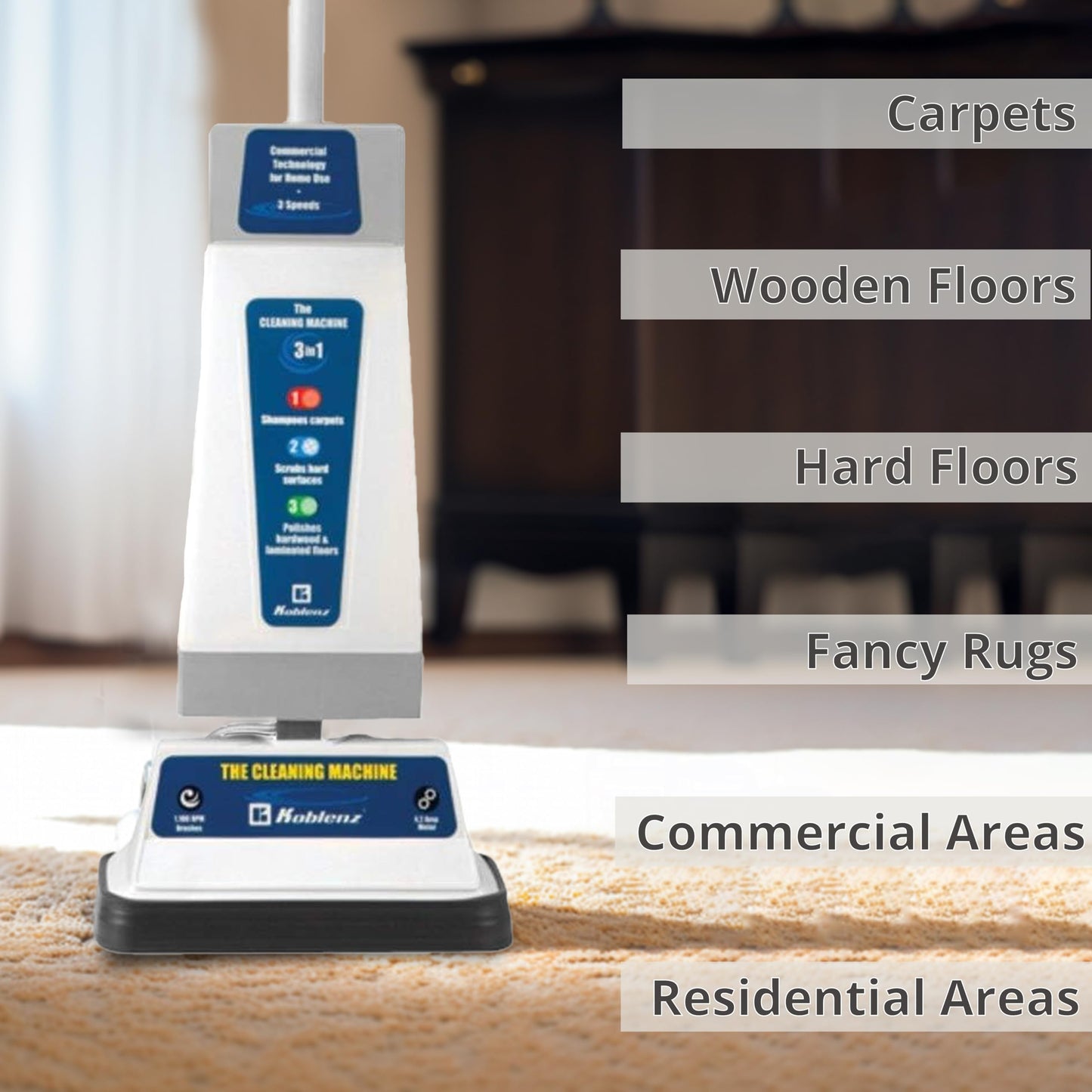 Koblenz Floor Shampooer and Polisher, Hard Floor Cleaner, Carpet Cleaning Machine with Scrubbing Brushes, Polishing Pads, and Carpet Shampoo, 3 Speeds, Blue/Gray (P-820 BA)