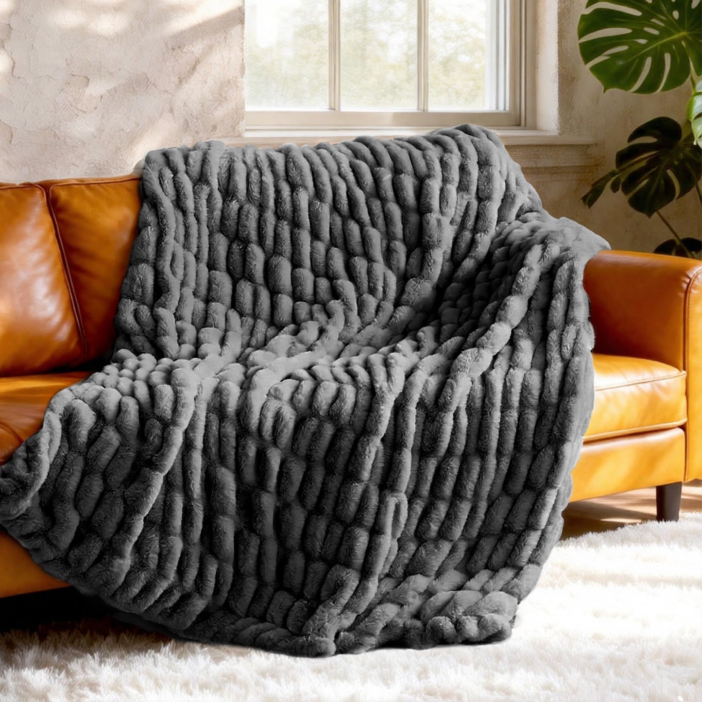 Tejoe Ultra-Soft Faux Rabbit Fur Throw Blanket 50"x60",Cozy Fuzzy & Plush Throw for Couch & Bed, Super Heavy Warm Fluffy Thick Blanket for Sofa Bedroom Living Room Home Decor - Dark Grey