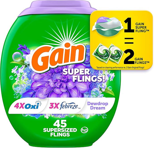 Gain Super Flings Laundry Detergent Pacs, 45 Count, Dewdrop Dream scent, clean and fresh washing detergent laundry soap pacs