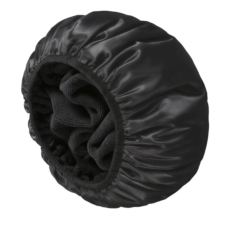 YIZIJIZI Terry Lined Shower Cap, Triple Layer Large Cap for Women, Reusable Waterproof for Long Thick Hair, Black