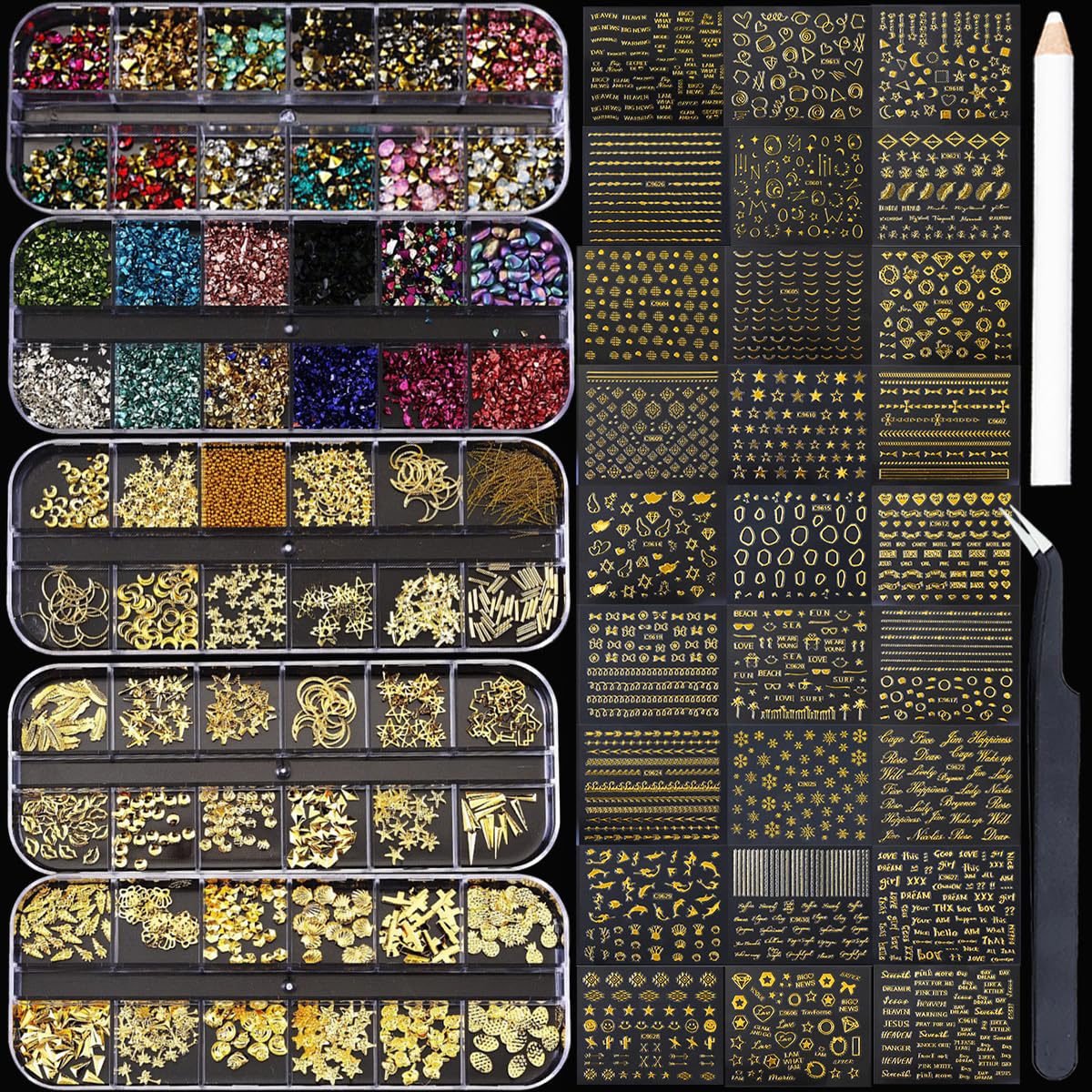 Nail Charms Nail Art Kit with 30 Sheets Gold Nail Stickers 5 Boxes of Nail Gems Nail Art Tools Nail Rhinestones for Nails Nail Supplies 3D Nail Charms and Gems Nail Decals Nail Pearls