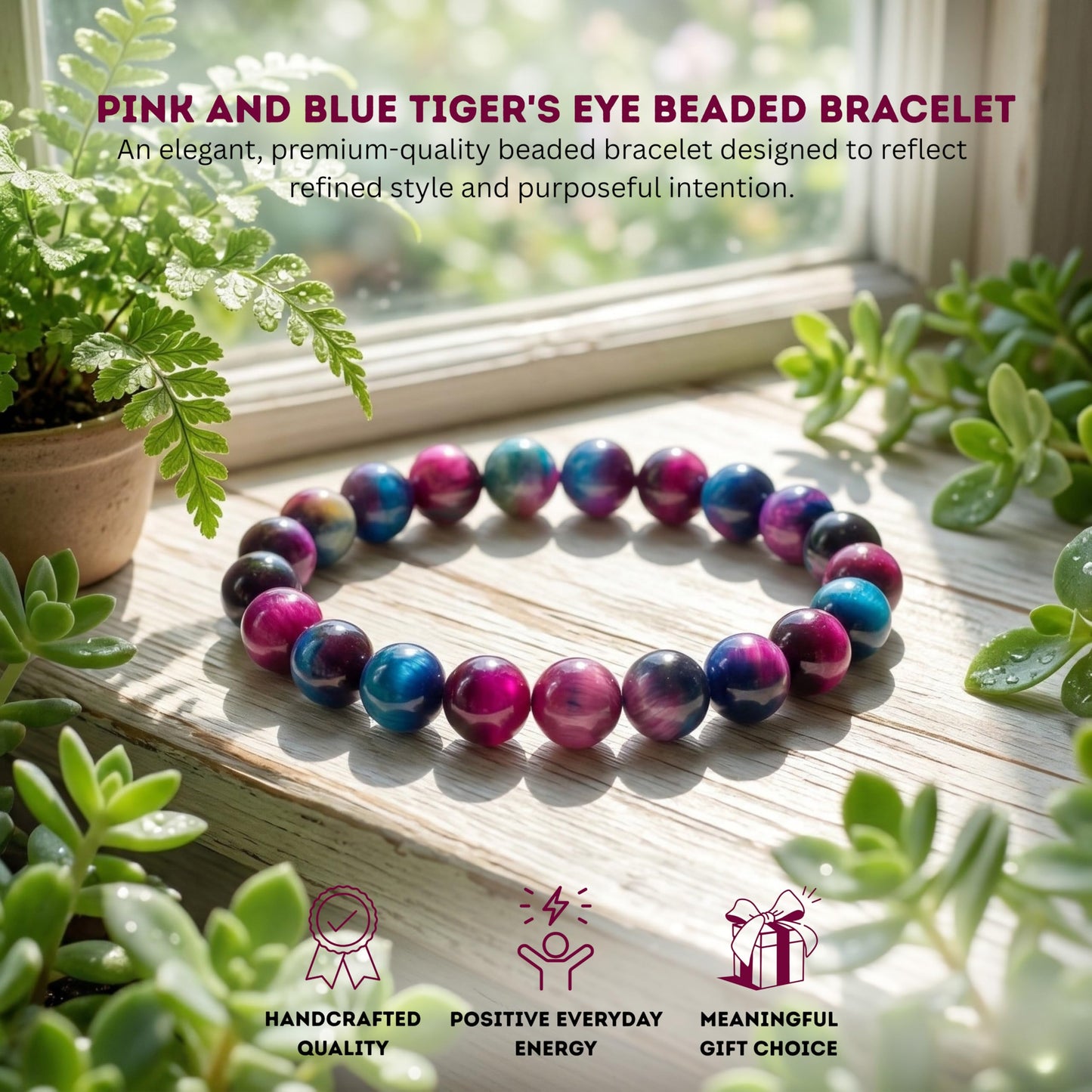 Cherry Tree Collection Pink and Blue Tiger's Eye Beaded Bracelet – Genuine 8mm Gemstone Stretch Bracelet for Men & Women – Handmade Crystal Bracelet - (Pink and Blue Tiger's Eye - S)