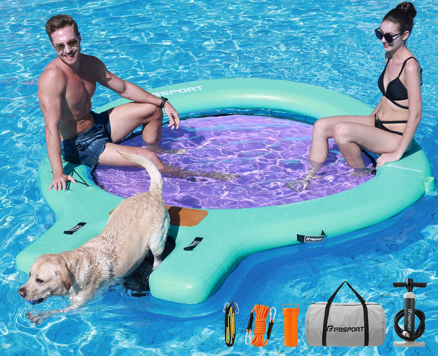 FBSPORT Inflatable Water Hammock Floating Dock with Boat Ramp,Round Floating Ring Inflatable Raft with Cup Holders, Sun Float Chill Tanning Pool Lounger Platform for Lake