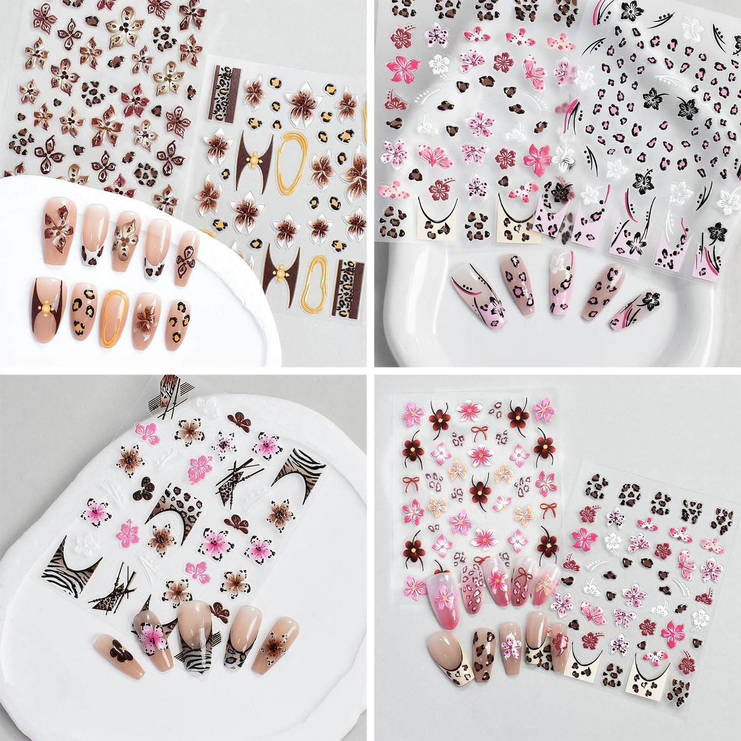 Leopard Print Hibiscus Flowers Nail Art Stickers Embossed Jelly Design Hawaiian Floral Nail Art Supplies Cute French Cheetah Print Nail Art Accessories for Women Manicure Decorations 6 Sheets