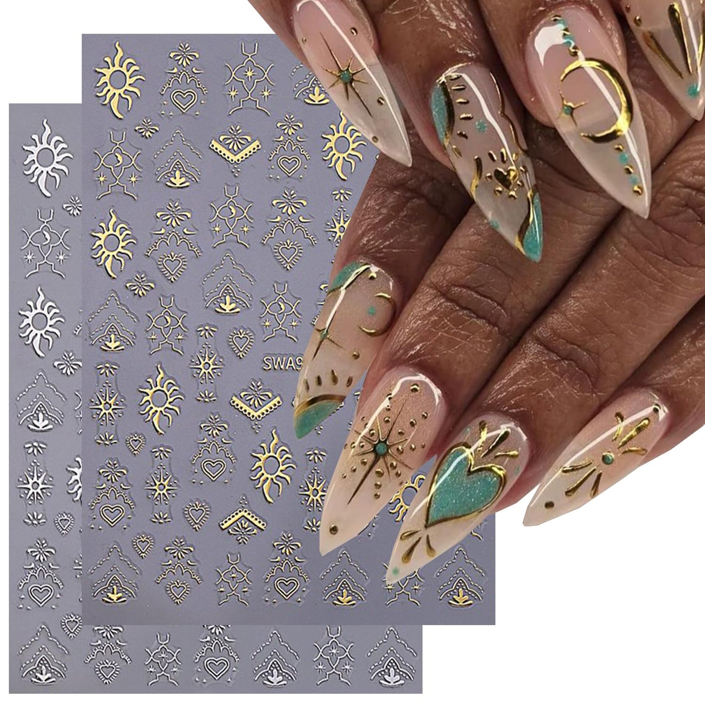 Gold Silver Nail Art Stickers Decals,4Pcs 3D Retro Sun Love Totem Star Moon Heart Designs, Stars Metallic Nail Supplies Embossed Self-Adhesive Slider Stickers for Women's DIY Manicure Decoration