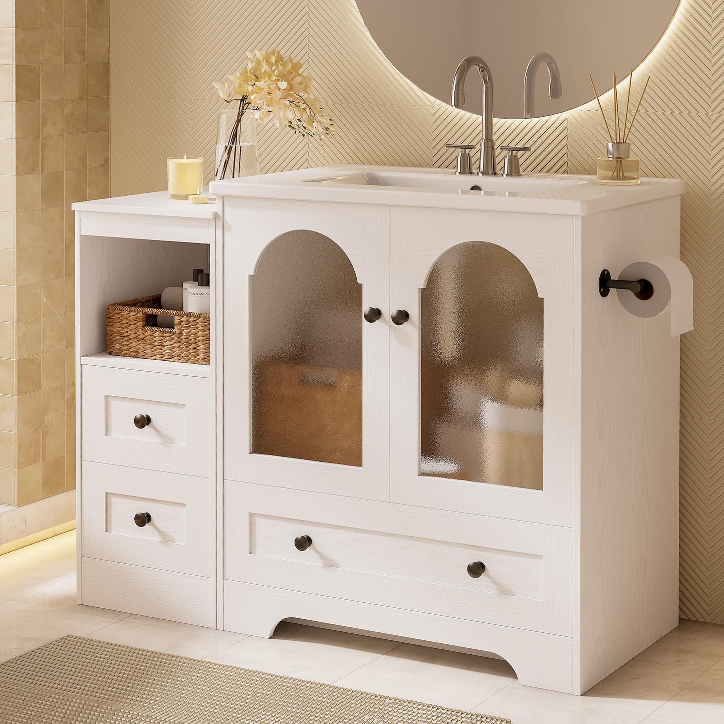 IRONCK 42 Inch Bathroom Vanity with Sink Set, Bathroom Cabinet Vanity with 2 Visual Buffer Gate, Pedestal Sink Storage Cabinet with 3 Drawers, Open Cubby, Swap Sides Design, White