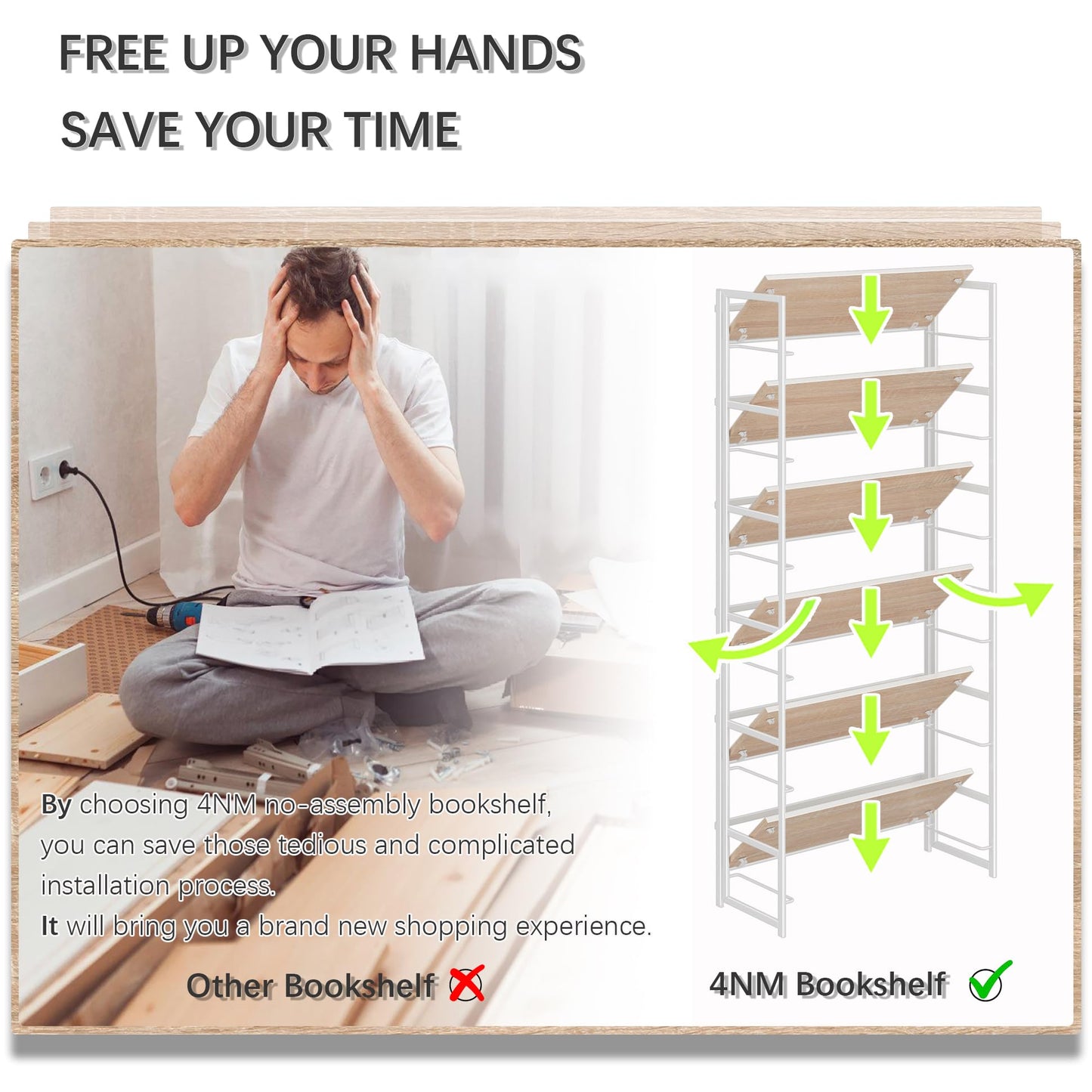 4NM No Assembly 6 Tiers Collapsible Book Shelves, 61.8" H Folding Bookshelf Bookcase Open Industrial Foldable Shelves for Bedroom, Living Room, Home Office - Natural White