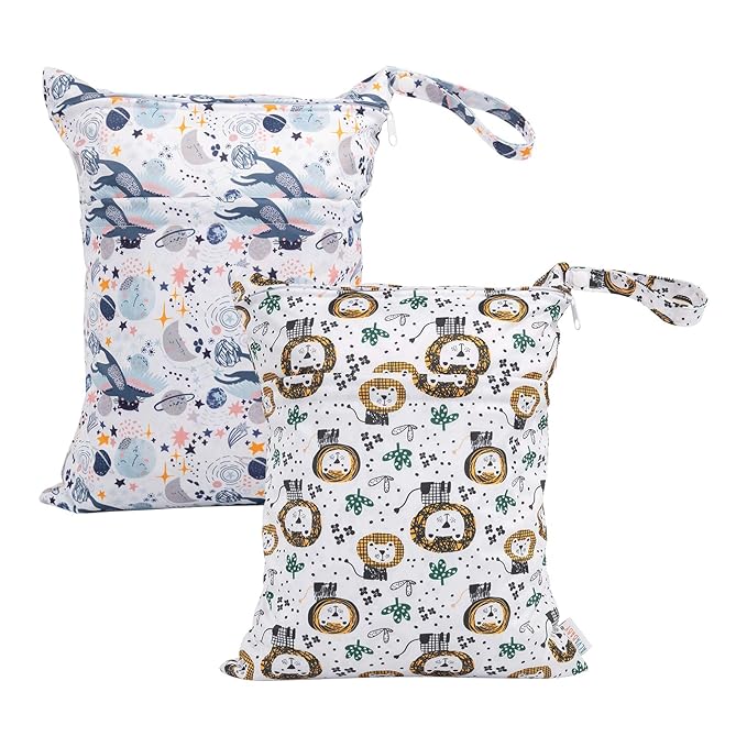 ALVABABY 2pcs Cloth Diaper Wet Dry Bags Waterproof Reusable with Two Zippered Pockets Travel Beach Pool Daycare Soiled Baby Items Yoga Gym Bag for Swimsuits or Wet Clothes LX-H358359