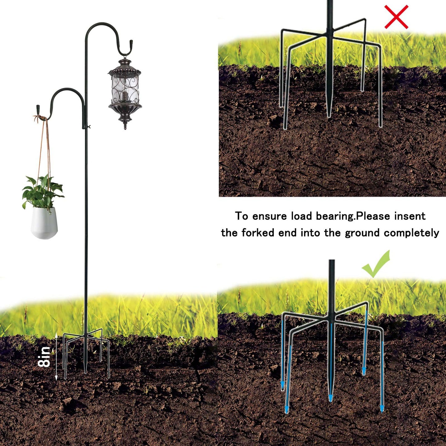 MIPON 78 Inch Double Shepherds Hooks for Outdoor Bird Feeder,Hanging Plants,Solar Light,Adjustable 78/62/46/30 Inch,3/4 Inch Width Garden Shepards Hook
