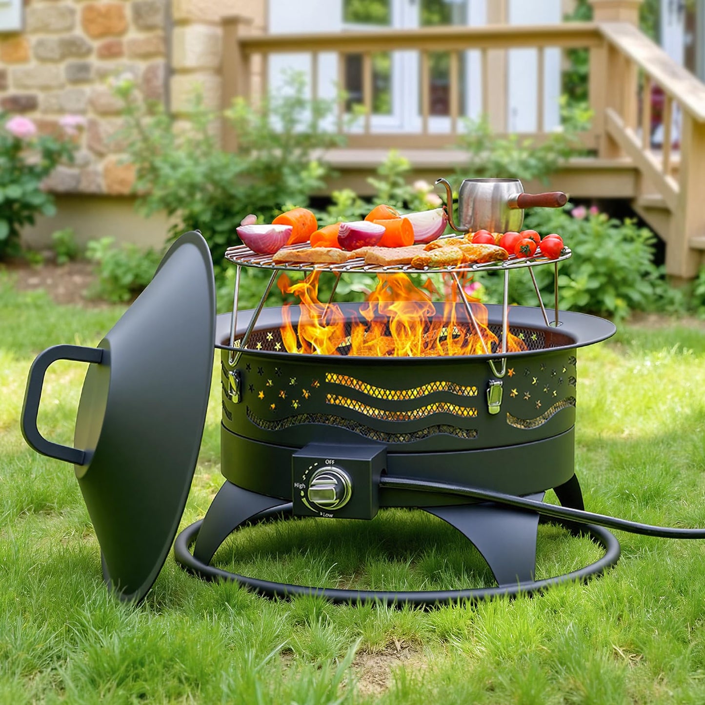 Panovue 24 Inch Portable Propane Fire Pit with Grill, 60000 BTU Outdoor Gas Firepit with Lava Rocks & Adjustable Flame, Smokeless Gas Firebowl for Backyard, Camping & Gatherings