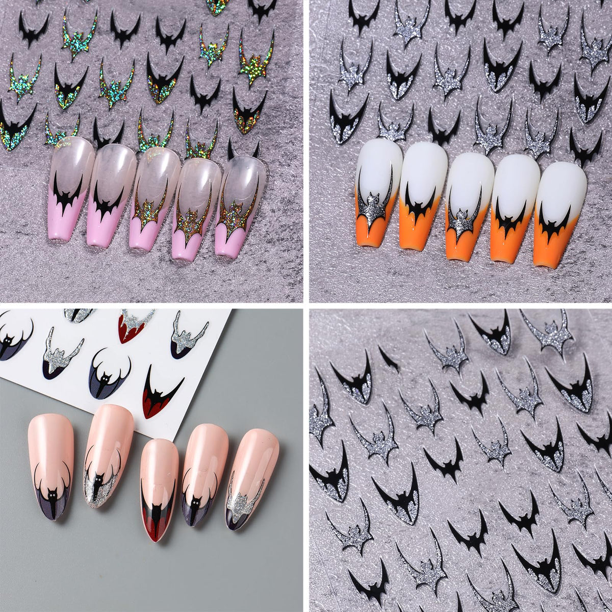 6 Sheets Halloween Bat Nails Art Stickers Glitter Holographic Gold Silver French Bat Design Nail Sticker Halloween French Sticker for Nails Decals Decals Holiday Decoration Kit for Women DIY Nails