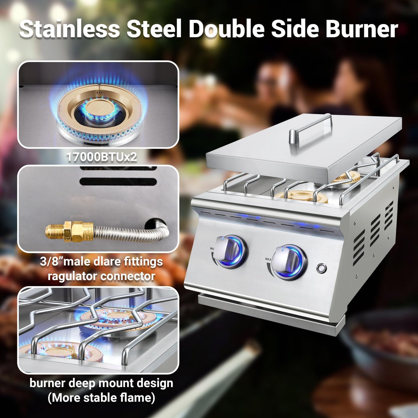 Livory Double Grilling Side Burners for Outdoor Kitchen, 2 * 17,000BTU Liquid Propane Burners, Convertible to Natural Gas, Duty Heavy 304 Stainless Steel, Built-in Side Burner for BBQ Island Grill