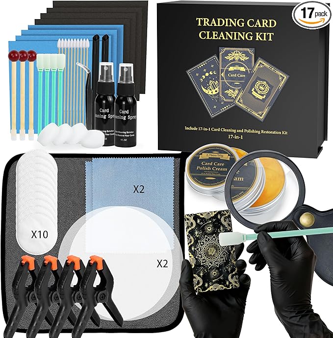 Card Care Clean Kit,17-in-1 Card Cleaning and Polishing Restoration Kit, Trading Card Cleaning Box with Cleaning Spray and Balck Nitrile Gloves, Suitable for Surface Card Care&Flatten Edges, 7.2â³