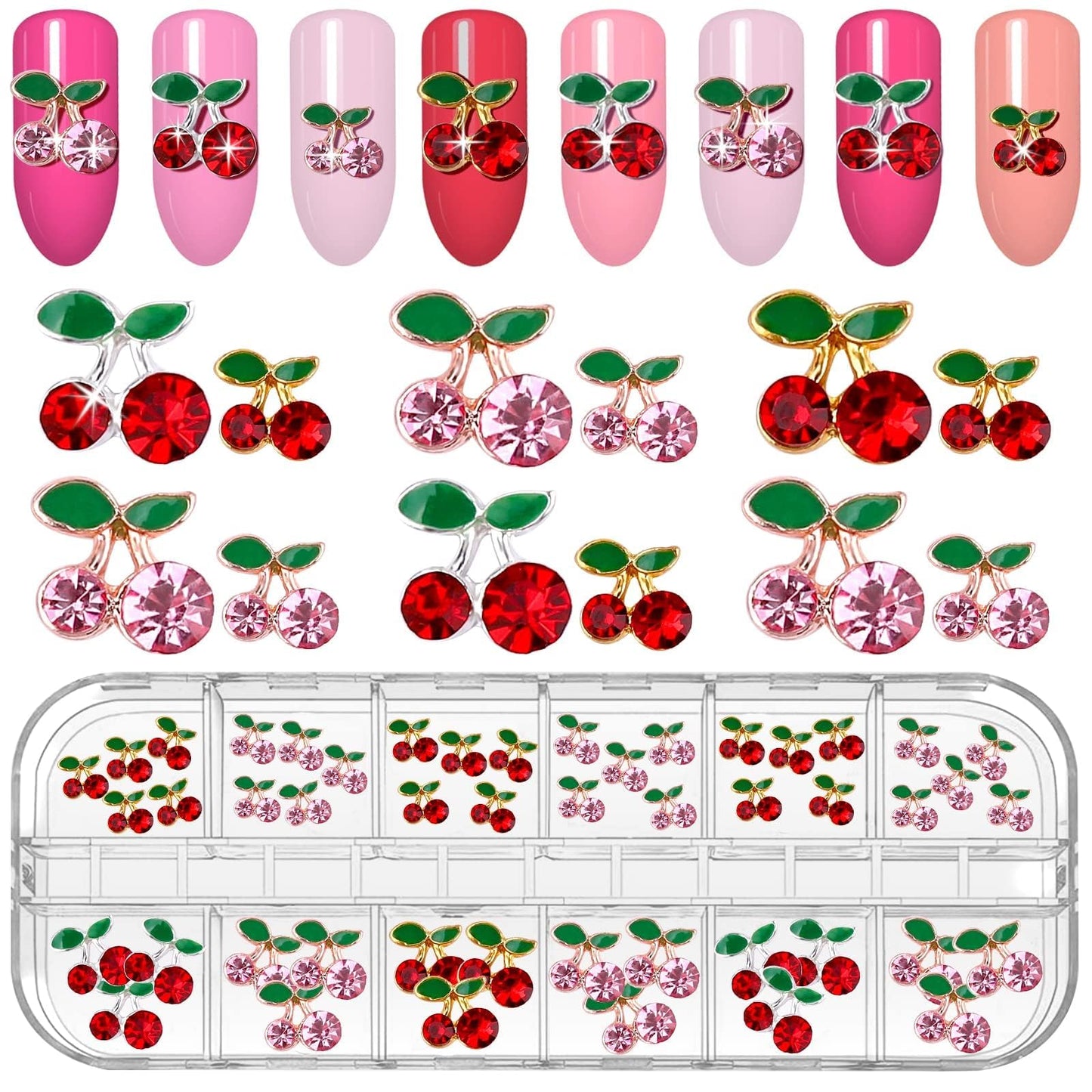48Pcs Cherry Nail Rhinestones, Kalolary 3D Valentine's Day Charm Red Pink Fruit Diamond Crystal Nail Studs Alloy Nail Gems for Women Nail Art Decoration