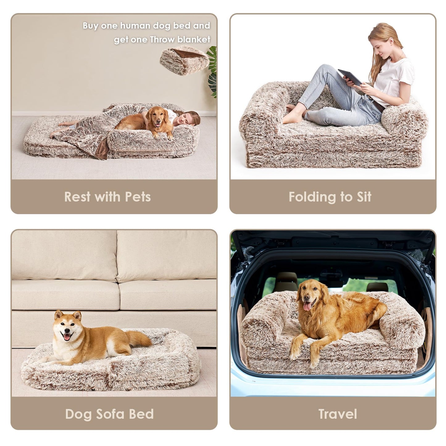 EHEYCIGA Foldable Human Dog Bed, 72"x44"x11" Orthopedic Memory Foam Human Sized Dog Bed, Waterproof Pet Bed for People, Faux Fur Pet Couch for Adult with Non-Slip Bottom, Faded Brown