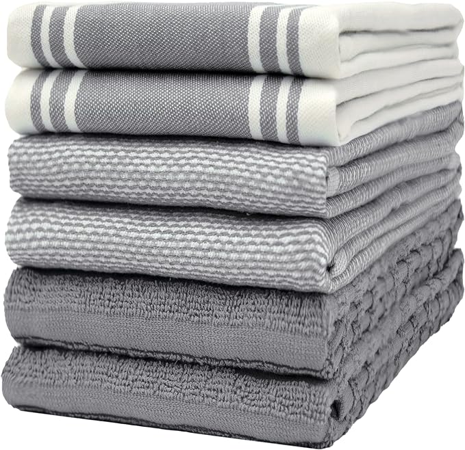 Premium Kitchen Towels (20âx 28â, 6 Pack) | Large Cotton Dish Towels | Flat & Terry Highly Absorbent Kitchen Linen Set with Hanging Loop | Wide Stripe Grey