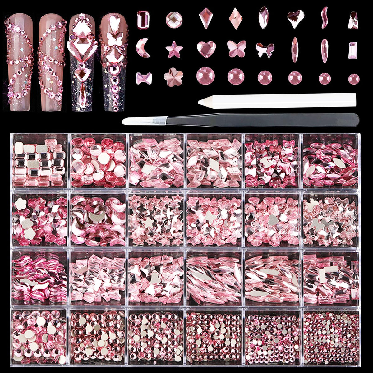 Kaipheiquan Light Pink Nail Rhinestones Kit, 18 Types of 900 Special-Shaped Nail Diamonds + 3200 Flat-Bottomed Nail Rhinestones, Nail Crystal Rhinestones for Manicure with Tweezer + Pickup Pen